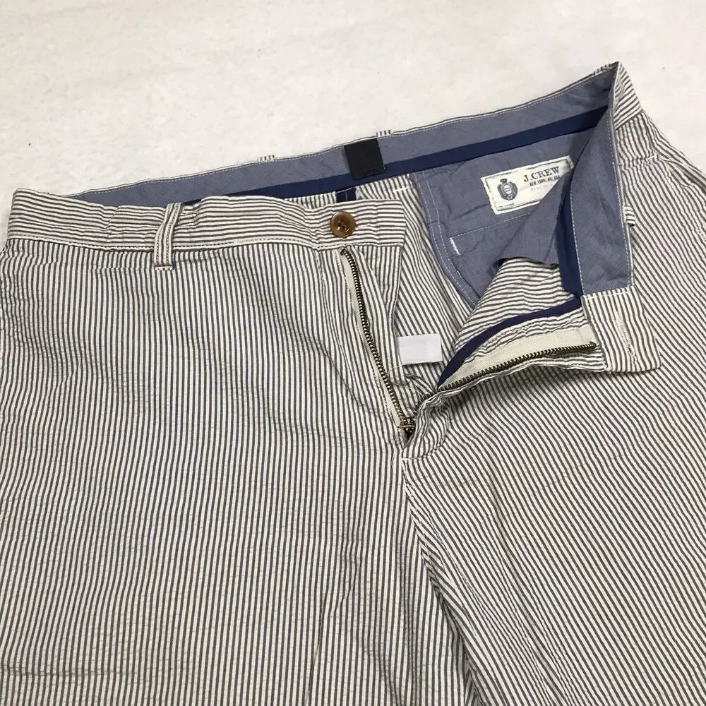 J CREW Seersucker Shorts Men 34 Blue Hickory Railroad Stripe Flat Front Chino